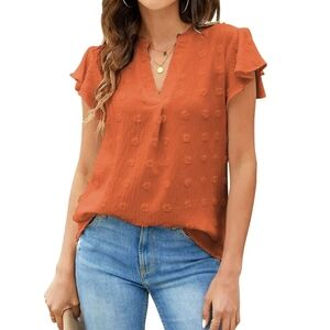 Fantaslook Burnt Orange Swiss Dot Flutter Sleeve V-Neck Blouse Top Size Large